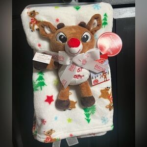 NWT Rudolph Fleece Holiday Baby Blanket and “My First Rudolph” Blush Gift Set